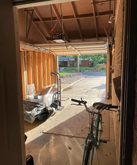 Garage from rear entrance to back porch, view out to front/street.