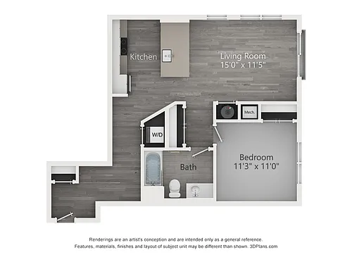 Floor plan One Bedroom One Bathroom (744 SF)