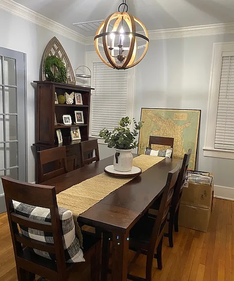 Another view of dining room with french doors leading to living room