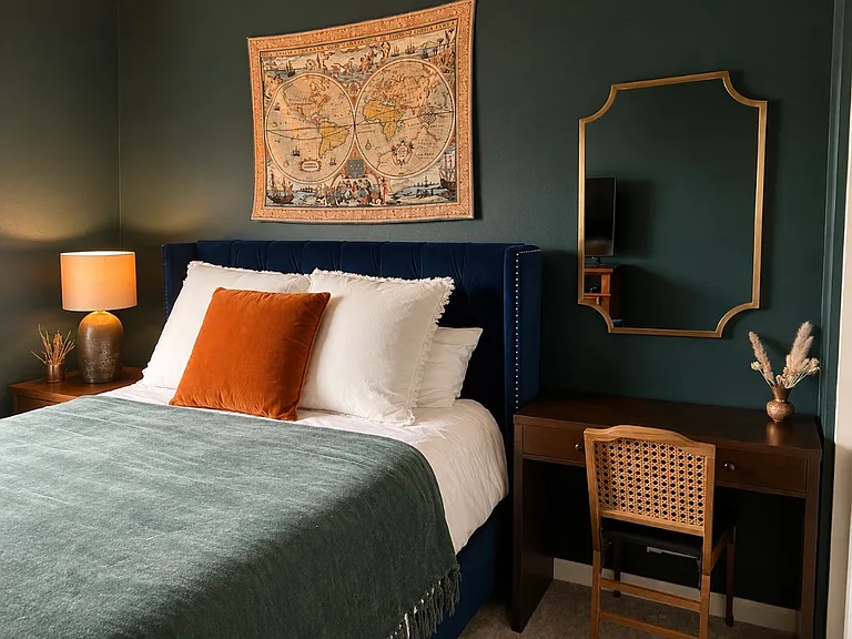 Cozy downstairs queen bedroom with a writing desk and television on the dresser in front of the bed.