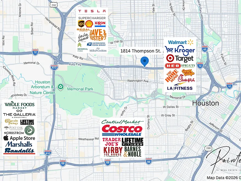 This map highlights 1814 Thompson St. in Houston, showcasing an unbeatable central location just minutes from premier destinations - perfect for renters seeking fast, connected urban living.