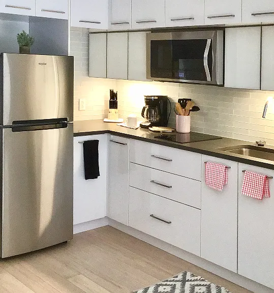 Our micro-apartment kitchens offer all of the necessities of a full-size apartment with sleek cabinets and appliances to boot!