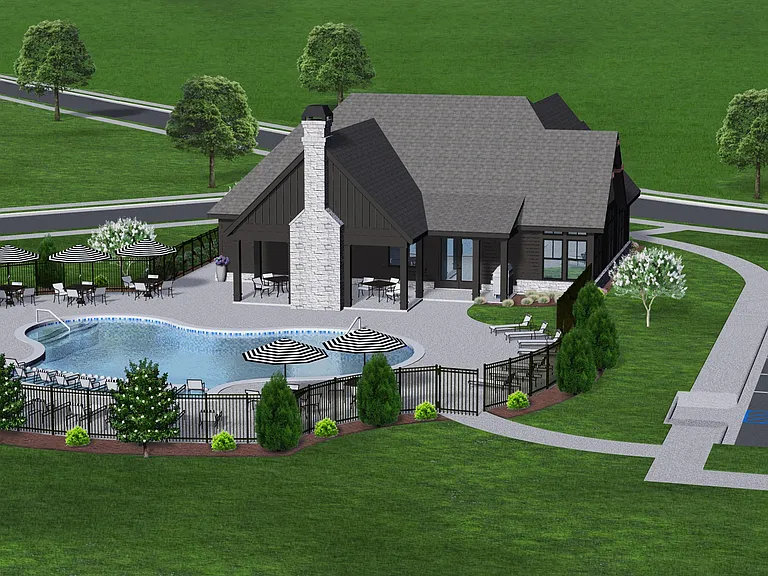 Aerial rear view of the clubhouse with pool.