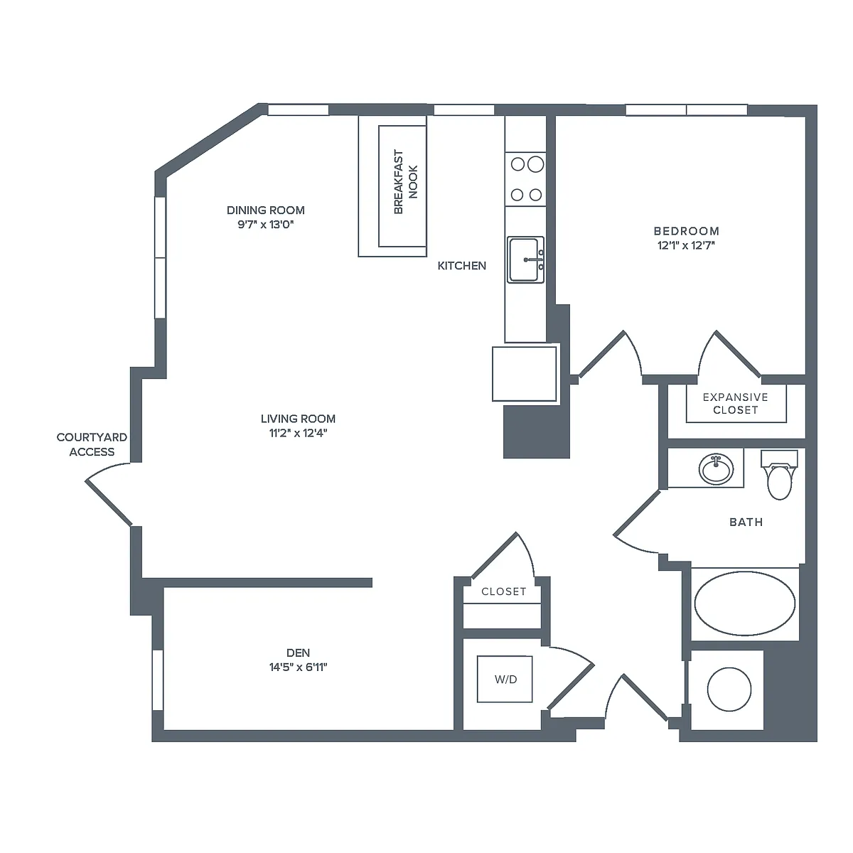 Floor plan A08DR | 1 Bed | 1 Bath | Den