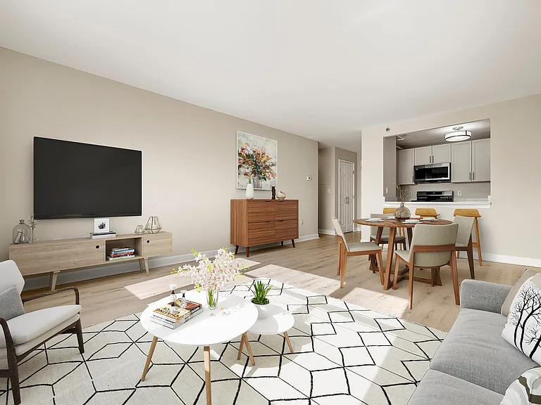 Chic living and dining area featuring modern decor, large windows for ample natural light, bar seating at the kitchen counter, with sleek stainless-steel appliances, six burner gas stove and quartz countertops