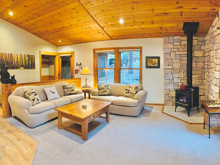 Sitting area with pull-out couch and gas fire view stove. New 98% energy-efficient HVAC system installed in 2018.