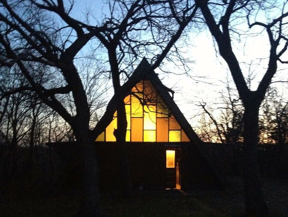 A Frame lit up at night