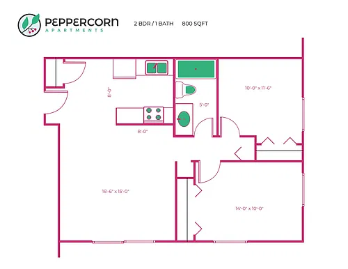 Floor plan 2 Bed, 1 Bath - 800 sq ft