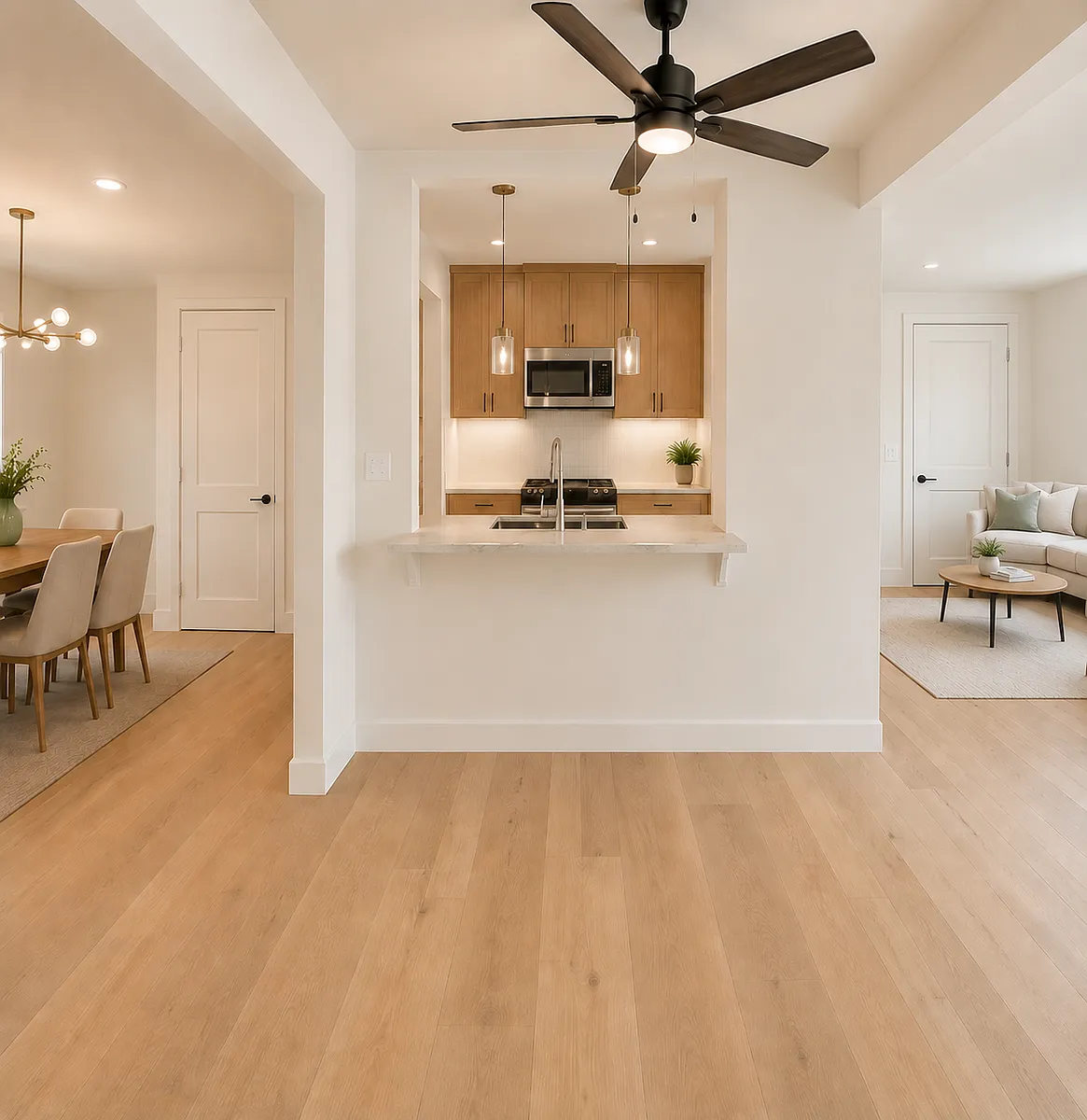 *rendering* shows dining room, kitchen, bar area, and living room. Doors shown lead into bedroom 3 and 4. - 1844 Missouri St