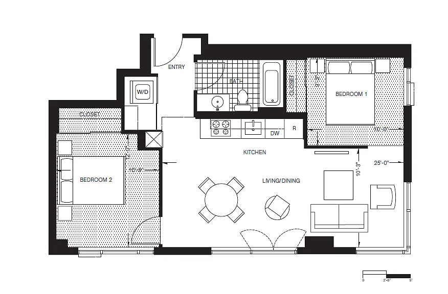 Floor plan Two Bed, One Bath (B2)