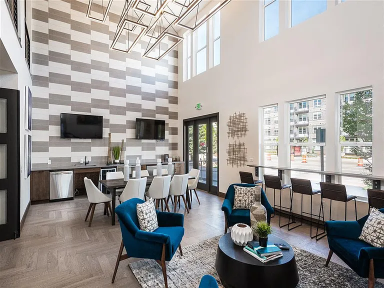 Lounge area with bold decor and modern lighting