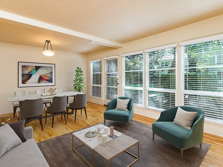 Living Room with Large Windows and Wood Floors
