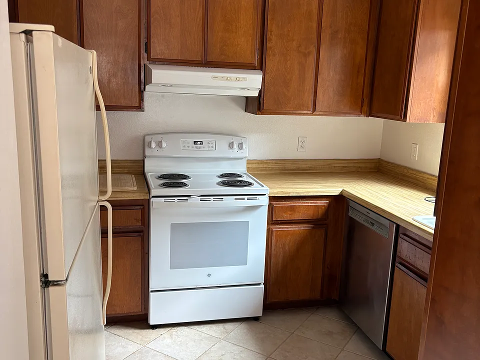 Kitchen. Electric stove. Bosch dishwasher.