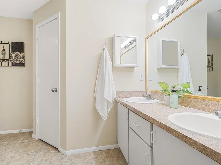 Dual bathroom sinks.