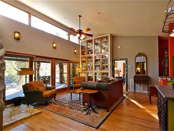 The great room, with its clerestory windows and vaulted ceilings.