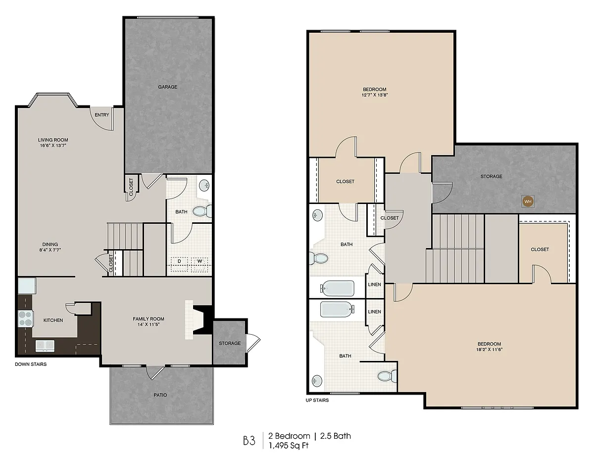Floor plan B3 Two Bedroom Two 1/2 Bath Townhome