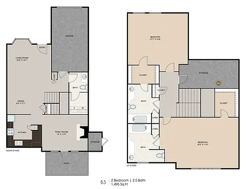 Floor plan B3 Two Bedroom Two 1/2 Bath Townhome