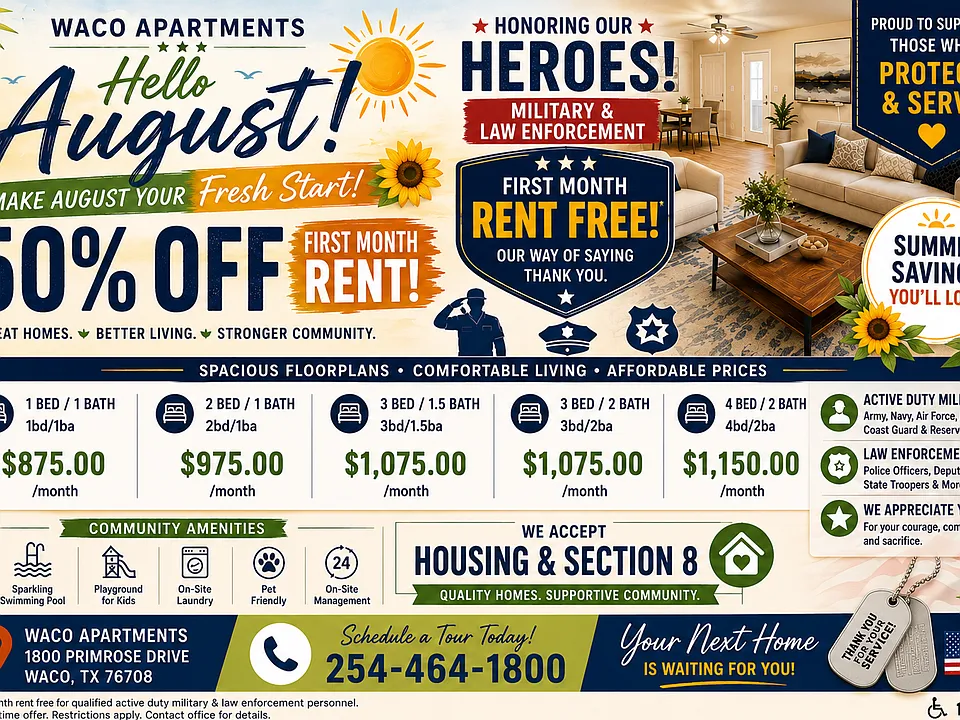 WACO APARTMENTS - 50% OFF First Month Rent, and Housing & Section 8 accepted