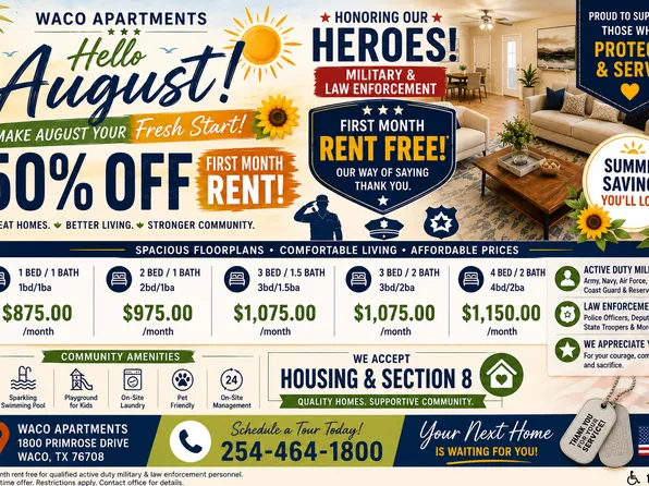 WACO APARTMENTS - 50% OFF First Month Rent, and Housing & Section 8 accepted