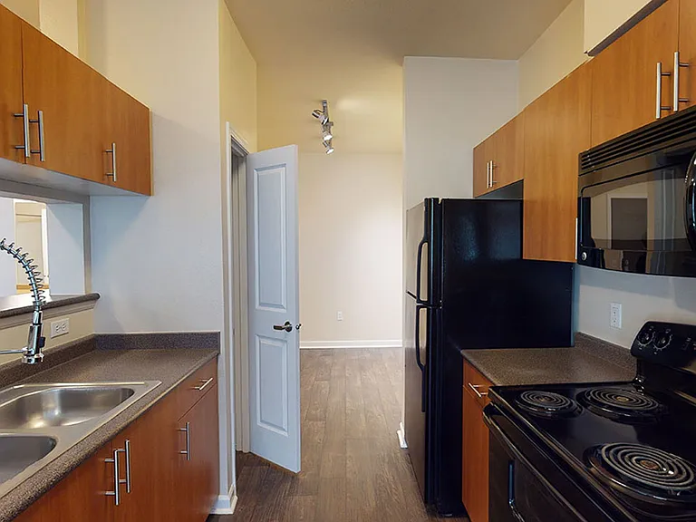 Apartment kitchen with wood-style flooring.