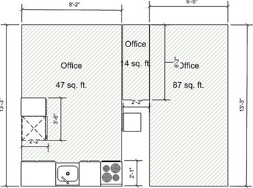 Kitchen and extra room. The extra room has been used as a bedroom, dinning room, living room or office. The bathroom is not shown.