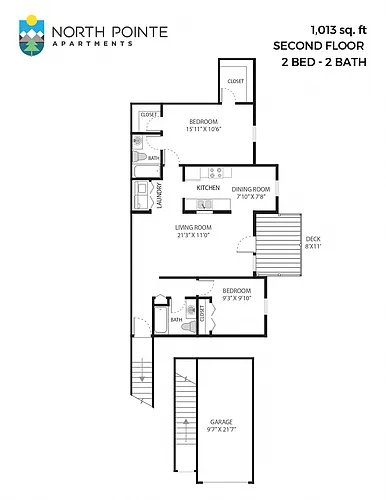 Floor plan 2 Bed, 2 Bath - 1,013 sq ft