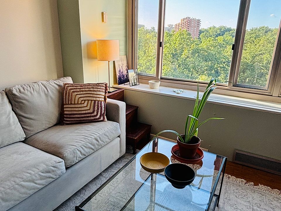 Living room with view of forest