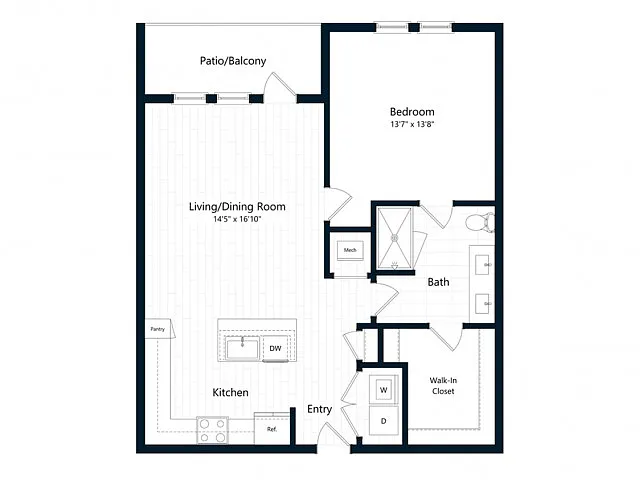 Floor plan One Bedroom One Bath (853 SF)