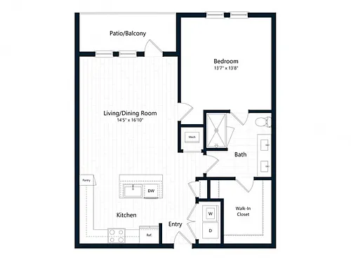 Floor plan One Bedroom One Bath (853 SF)