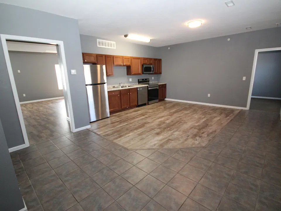 Kitchen, Living Room to left, Front Room to right