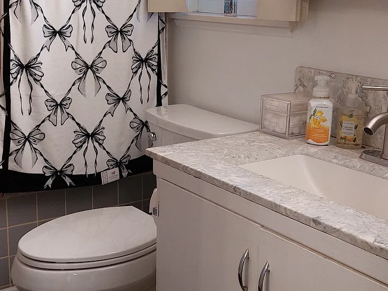 Private bathroom with new flooring and new toilet, installed June 30, 2026