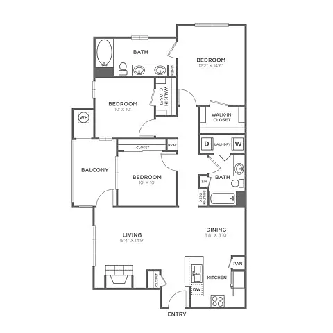Floor plan Three Bedroom Two Bath (1340 SF)