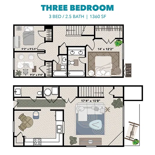 Floor plan Three Bedroom/Two and One Half Bath TH