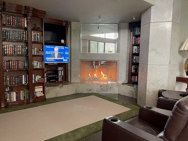 gas fireplace in TV library alcove of living room