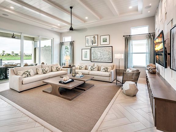 Spacious great room with 12-foot coffered ceiling