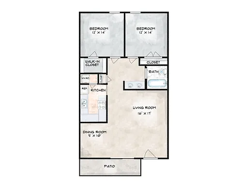 Floor plan 2 Bed, 1 Bath