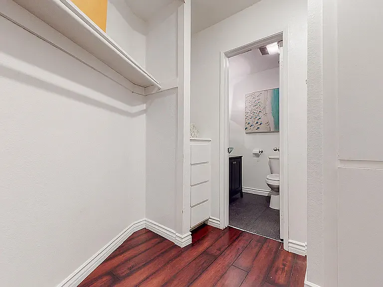 The large walk-in closet leads into the recently renovated bathroom