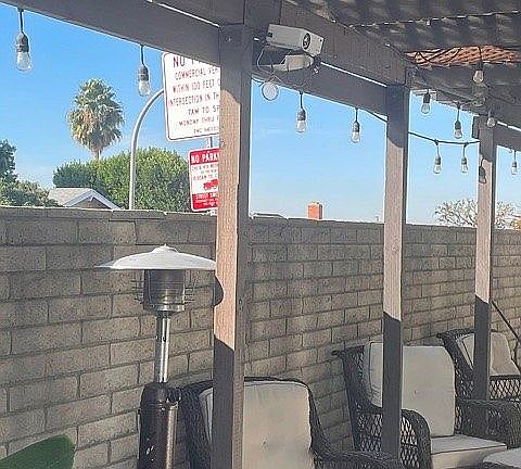 side patio with lighting