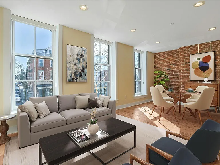 Living Room: Virtually staged living and dining areas with floor-to-ceiling windows.