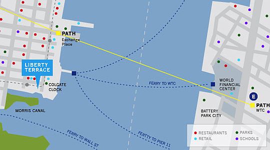 Commutation points: PATH, Ferry, Light Rail (dotted gray line)