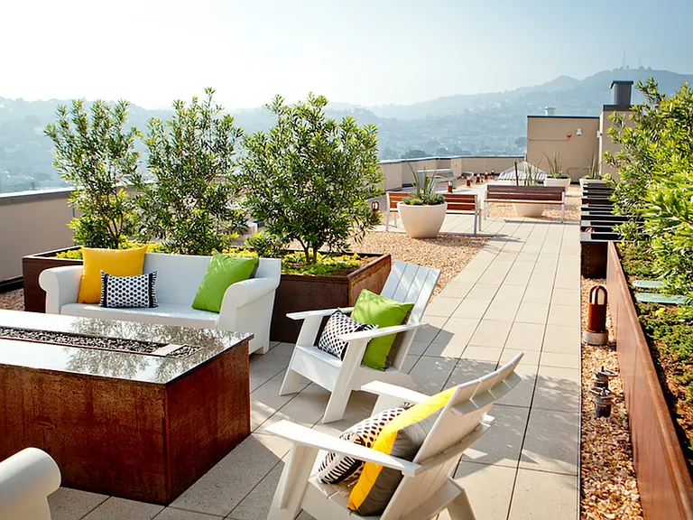 Rooftop lounge with firepit and 360-degree views