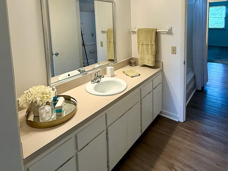 This is the vanity off of the second bathroom which as you can see, pretty much mirrors the size of the other vanity. There's lots of cabinetry, great light and a newly framed mirror. This vanity has plenty of room to comfortably get ready for your day.