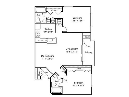 Floor plan Two Bedroom Two Bath (1013 SF)