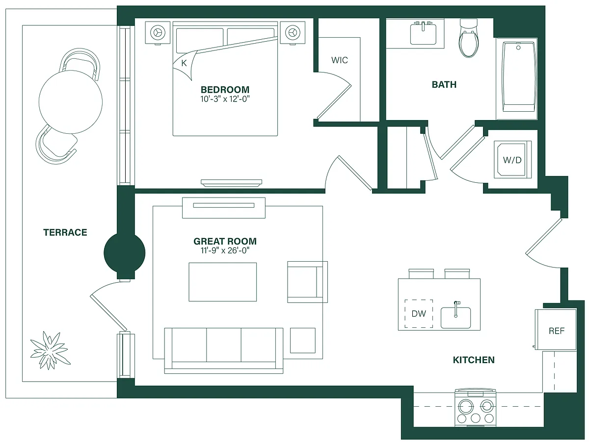 Floor plan 1 Bed/1 Bath-1B