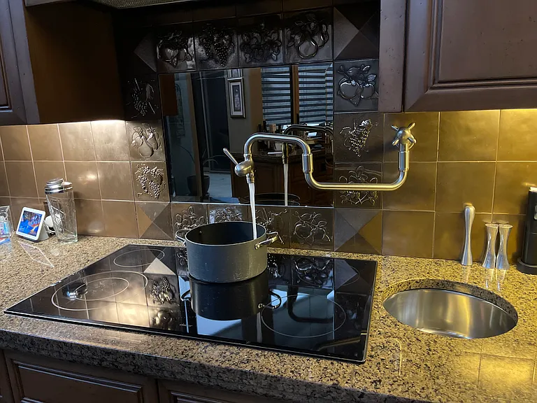 Stainless steel extra sink and pot filler at Dacor range