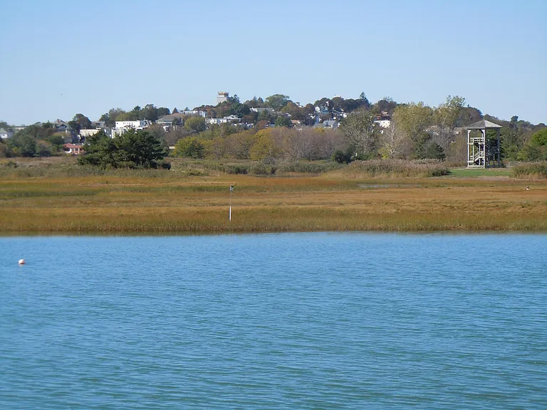 view across tidal channel and marsh from dining area window due west