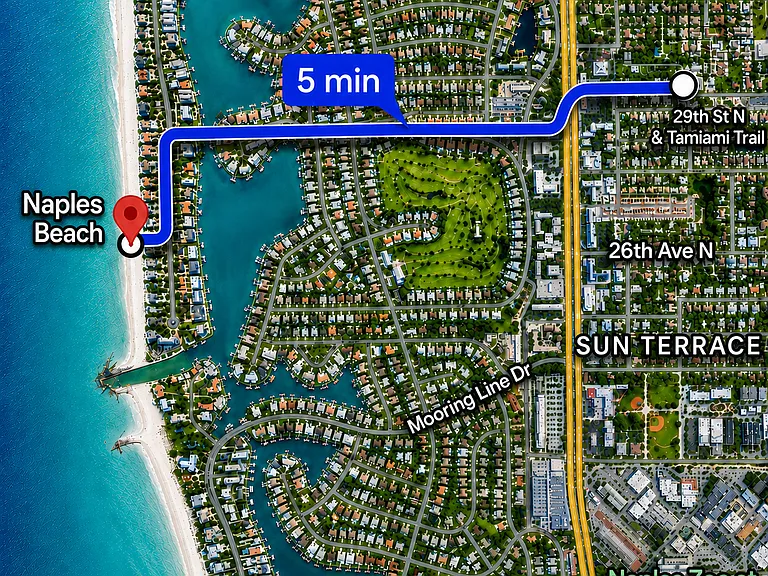 Prime Naples location only about 5 minutes from Naples Beach, with easy access to white-sand beaches, Old Naples, dining, shopping, Coastland Mall, and nearby attractions.