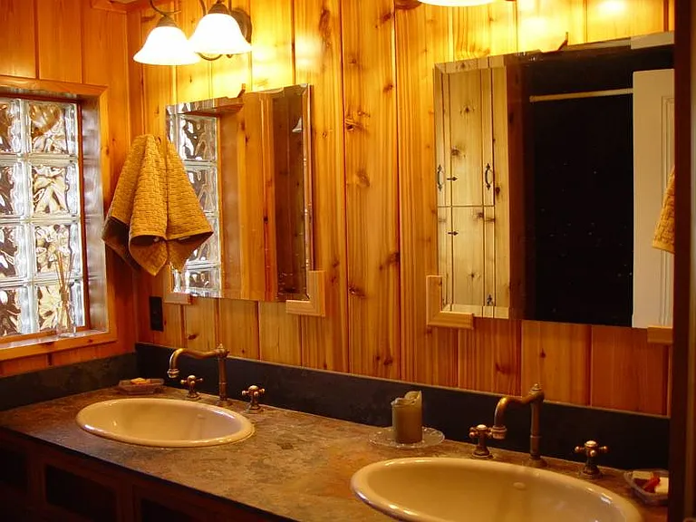 Main bathroom. Sinks separate from shower and tub area.