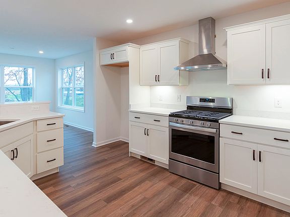 Kitchen with white cabinetry, vinyl plank flooring, and stainless steel range with range hood above