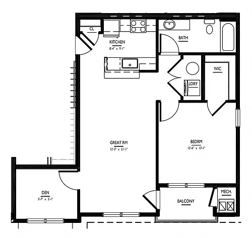 Floor plan 1 Bed/1 Bath-2B-A1 Phase II